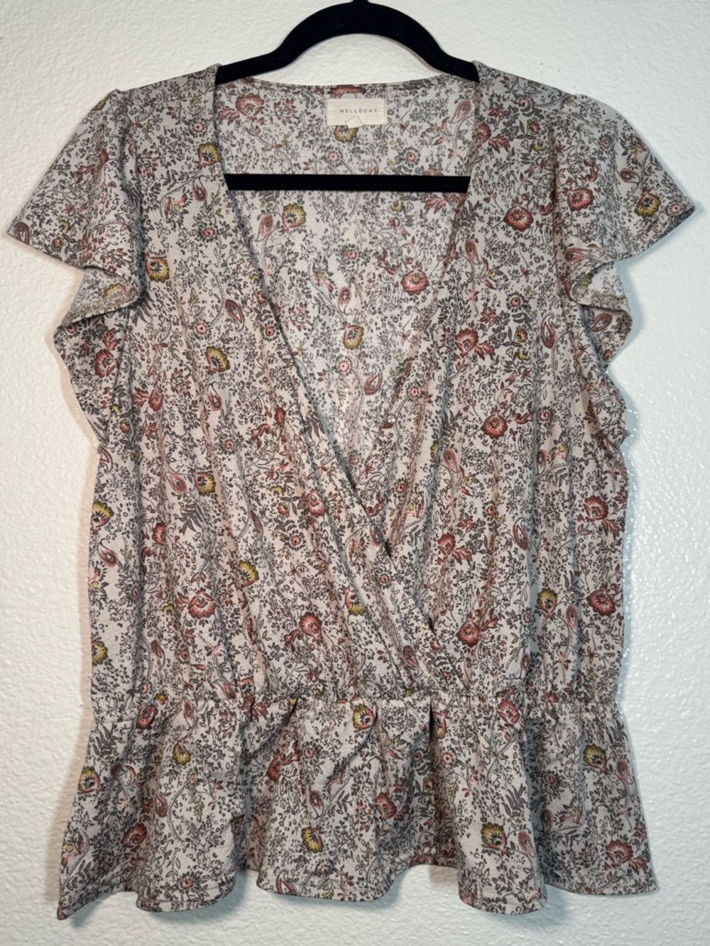 MELLODAY Cream Floral faux Wrap Peplum Blouse with Rust & Yellow Accents